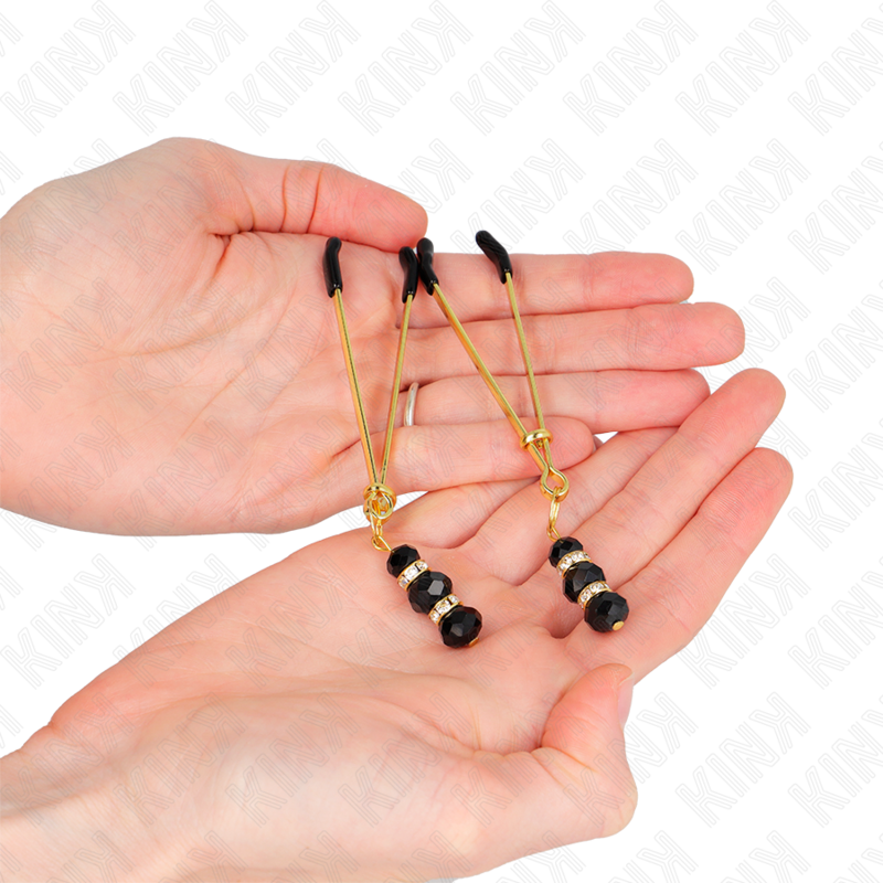 KINK - GOLDENE DÜNNE NIPPELKLEMMEN MIT 3 SCHWARZEN GLASPERLEN 7 CM - Sexotim