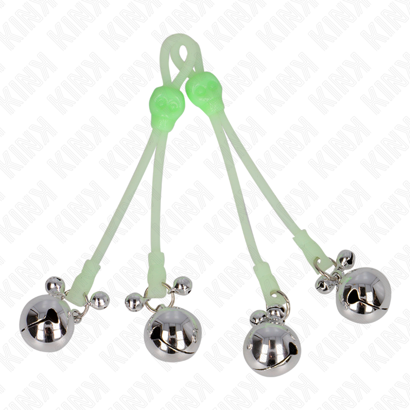 KINK - LEUCHTENDE TOTENKOPF-NIPPELKLAMMERN MIT RINGGLÖCKCHEN VERSTELLBAR GRÜN/SILBER - Sexotim