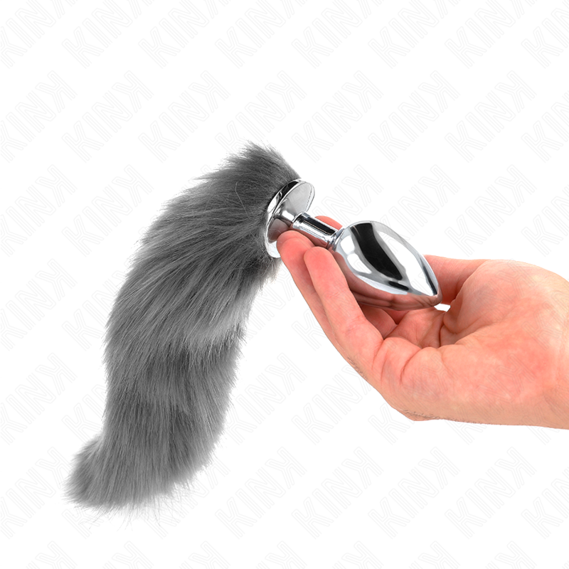 KINK - ANAL PLUG GRÖSSE L 10 X 4 CM MIT KUNSTSTOFFSCHWANZ 40 CM GRAU UND WEISS - Sexotim