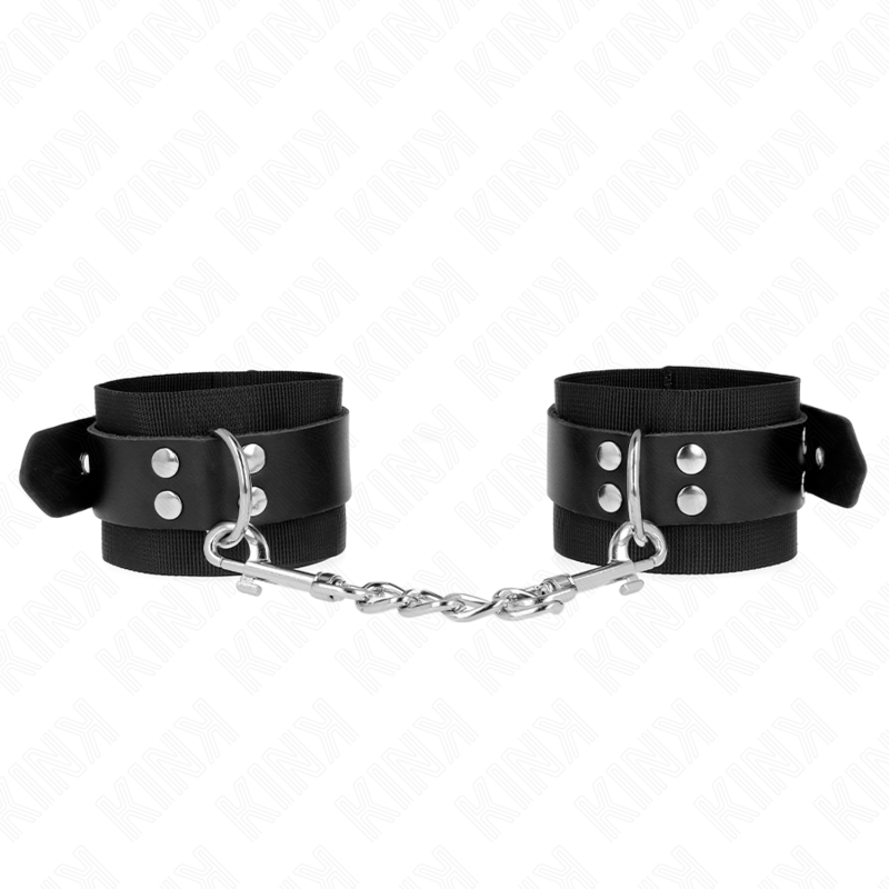 KINK - NYLON HANDGELENKFESSELN SCHWARZ MIT LEDERGURTE SCHWARZ VERSTELLBAR 19-29 CM X 5,1 CM - Sexotim