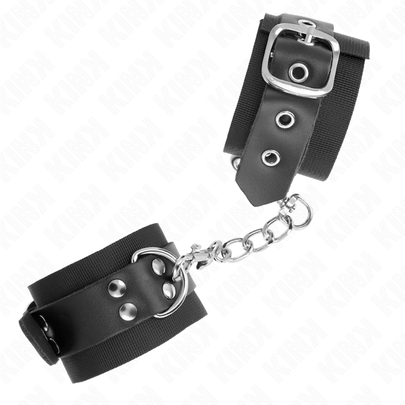 KINK - NYLON HANDGELENKFESSELN SCHWARZ MIT LEDERGURTE SCHWARZ VERSTELLBAR 19-29 CM X 5,1 CM - Sexotim