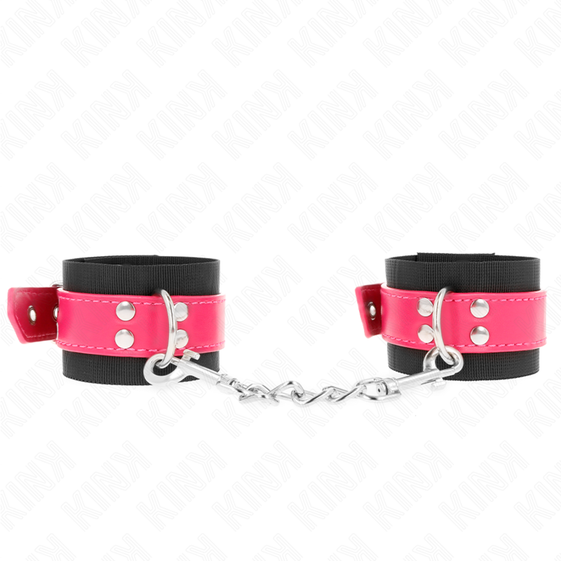 KINK - NYLON HANDGELENKFESSELN SCHWARZ MIT KUNSTLEDERGÜRTEL HIMBEERROSA VERSTELLBAR 19-29 CM X 5,1 CM - Sexotim