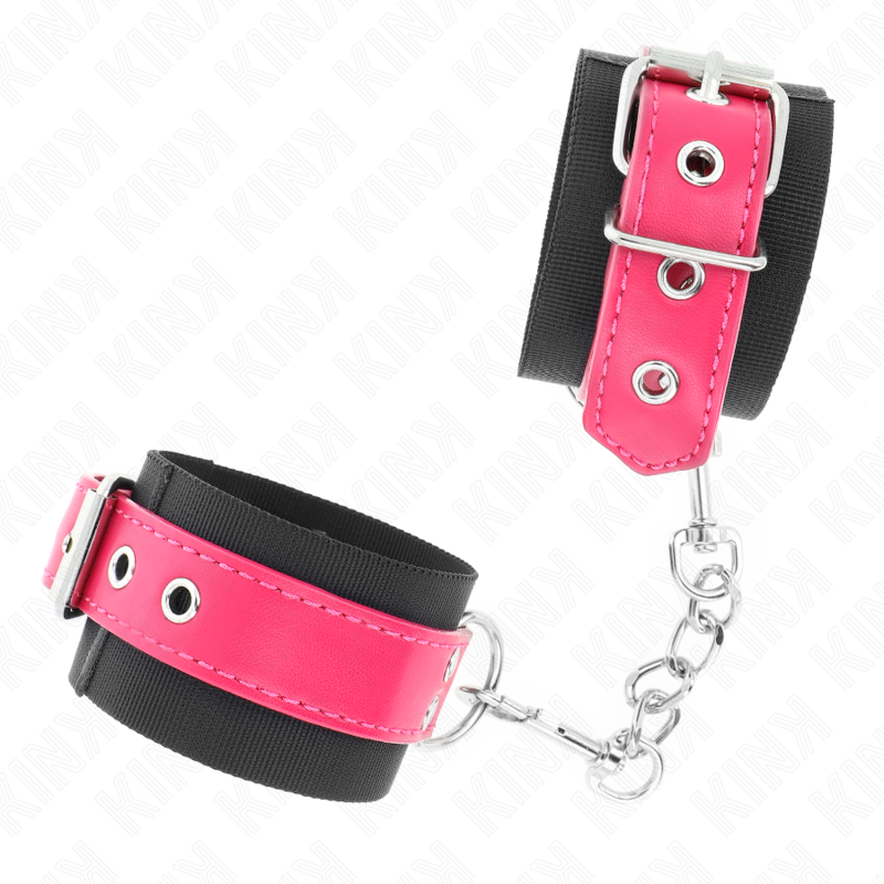KINK - NYLON HANDGELENKFESSELN SCHWARZ MIT KUNSTLEDERGÜRTEL HIMBEERROSA VERSTELLBAR 19-29 CM X 5,1 CM - Sexotim