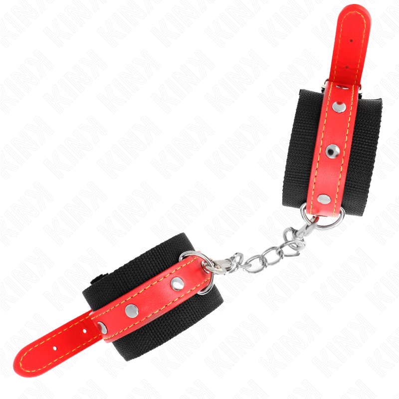 KINK - NYLON HANDGELENKFESSELN SCHWARZ MIT KUNSTLEDER ROT VERSTELLBAR 19-24 CM X 5,5 CM - Sexotim