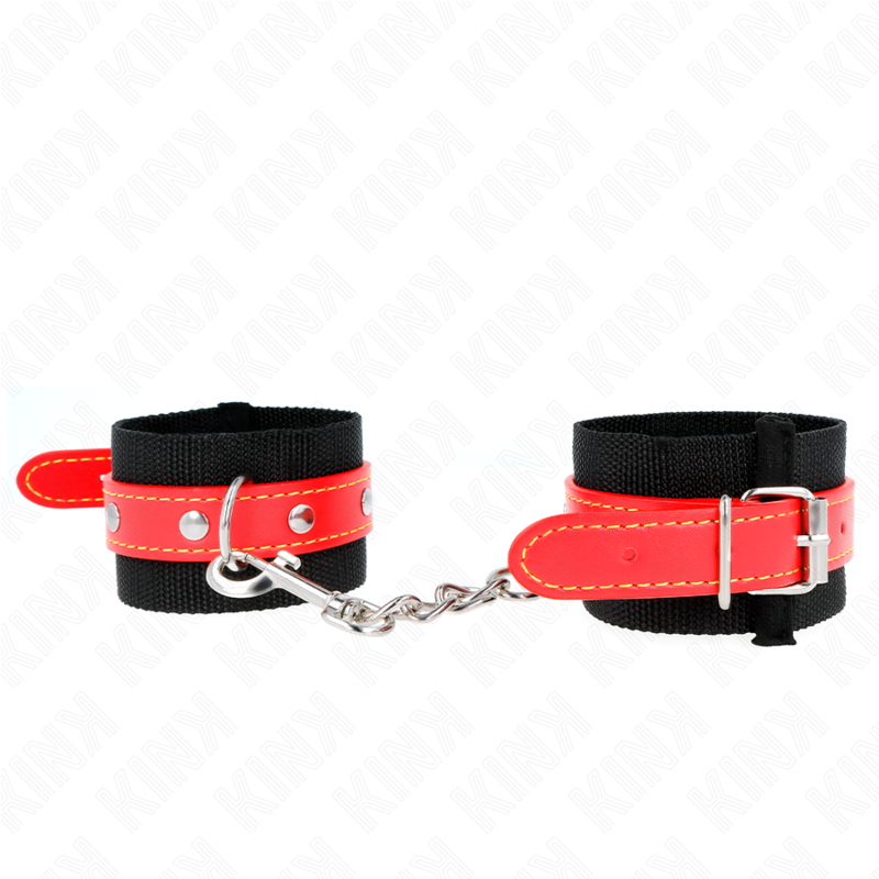 KINK - NYLON HANDGELENKFESSELN SCHWARZ MIT KUNSTLEDER ROT VERSTELLBAR 19-24 CM X 5,5 CM - Sexotim