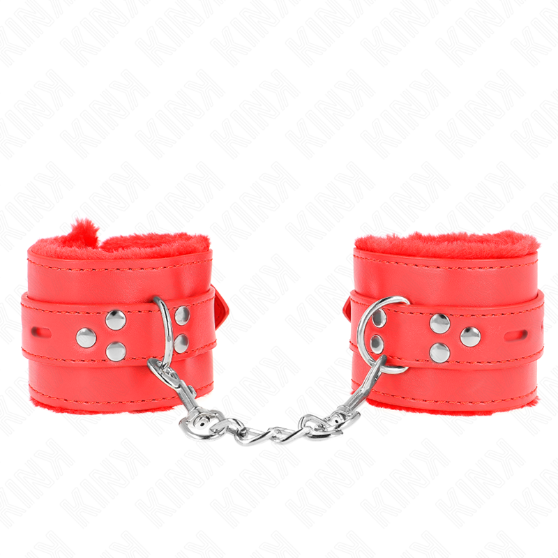 KINK - PELZGEFÜTTERTE HANDGELENKFESSELN MIT QUADRATISCHEN LÖCHERN, ROT UND ROTER GÜRTEL, VERSTELLBAR 17-29 CM X 6 CM - Sexotim