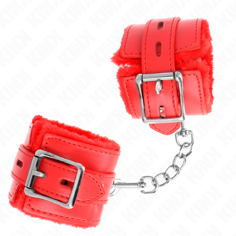KINK - PELZGEFÜTTERTE HANDGELENKFESSELN MIT QUADRATISCHEN LÖCHERN, ROT UND ROTER GÜRTEL, VERSTELLBAR 17-29 CM X 6 CM - Sexotim