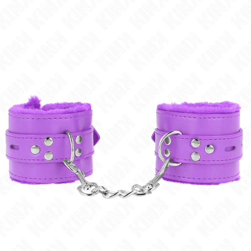 KINK - PELZGEFÜTTERTE HANDGELENKFESSELN MIT QUADRATISCHEN LÖCHERN, LILA UND LILA GÜRTEL, VERSTELLBAR 17-29 CM X 6 CM - Sexotim