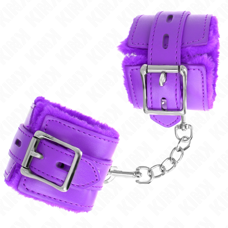 KINK - PELZGEFÜTTERTE HANDGELENKFESSELN MIT QUADRATISCHEN LÖCHERN, LILA UND LILA GÜRTEL, VERSTELLBAR 17-29 CM X 6 CM - Sexotim