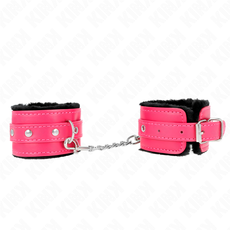 KINK - PREMIUM PELZGEFÜTTERTE HANDGELENKFESSELN SCHWARZ MIT HIMBEERROSEN-GÜRTEL VERSTELLBAR 17-29 CM X 6 CM - Sexotim