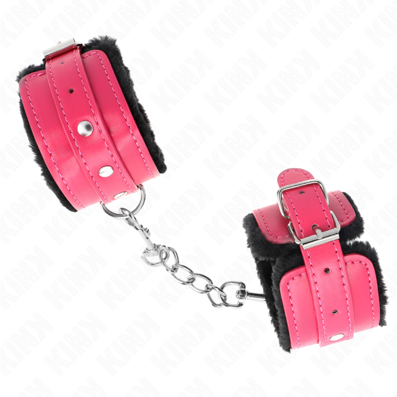 KINK - PREMIUM PELZGEFÜTTERTE HANDGELENKFESSELN SCHWARZ MIT HIMBEERROSEN-GÜRTEL VERSTELLBAR 17-29 CM X 6 CM - Sexotim