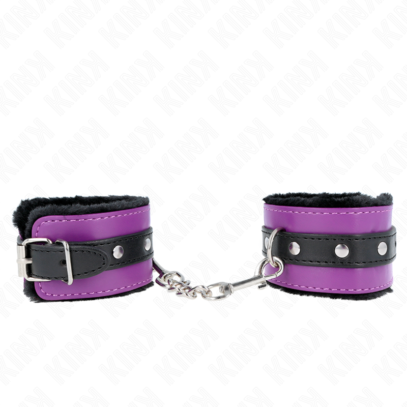 KINK - PREMIUM PELZGEFÜTTERTE HANDGELENKFESSELN SCHWARZ MIT LILA / SCHWARZER GÜRTEL VERSTELLBAR 17-29 CM X 6 CM - Sexotim