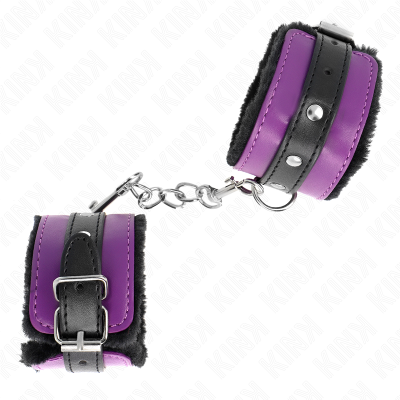 KINK - PREMIUM PELZGEFÜTTERTE HANDGELENKFESSELN SCHWARZ MIT LILA / SCHWARZER GÜRTEL VERSTELLBAR 17-29 CM X 6 CM - Sexotim