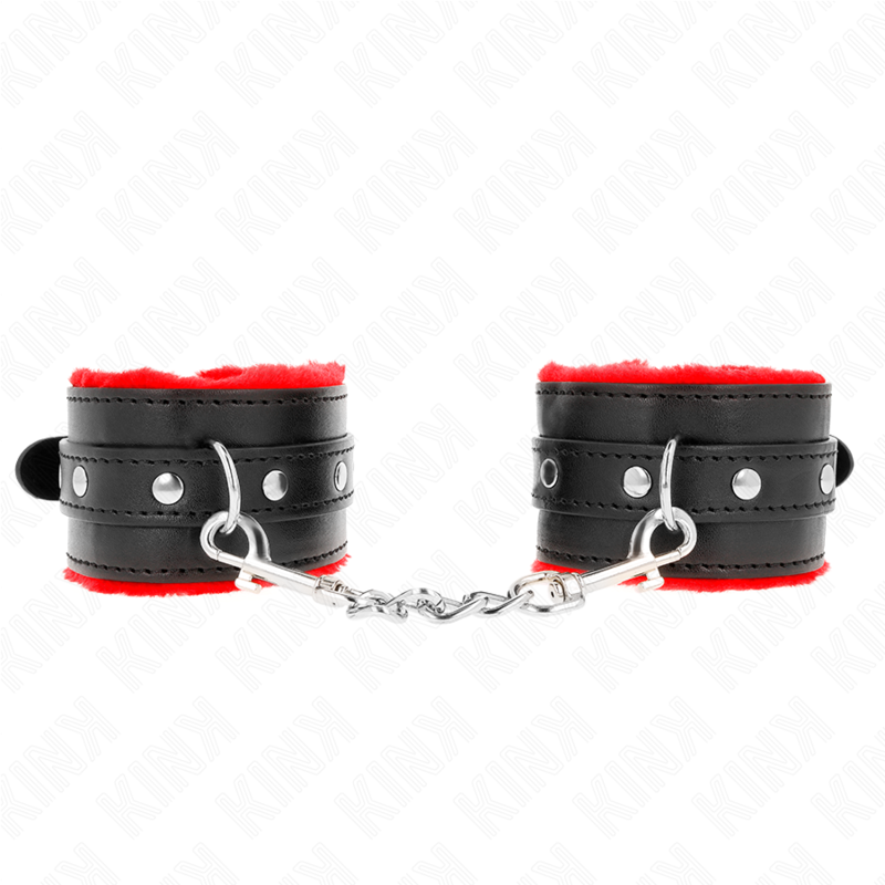 KINK - PREMIUM PELZGEFÜTTERTE HANDGELENKFESSELN ROT MIT SCHWARZEM GÜRTEL VERSTELLBAR 17-29 CM X 6 CM - Sexotim