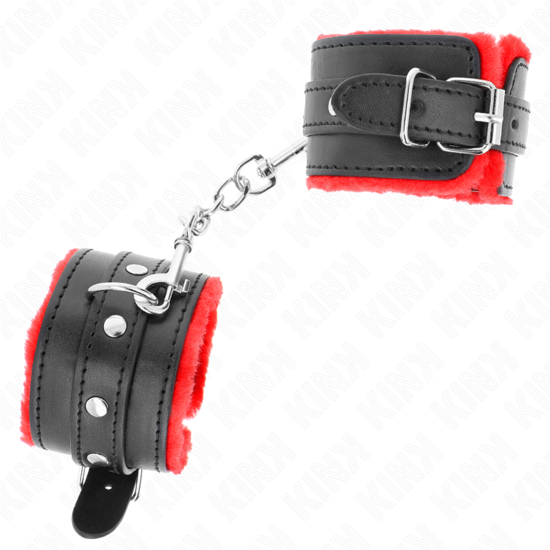KINK - PREMIUM PELZGEFÜTTERTE HANDGELENKFESSELN ROT MIT SCHWARZEM GÜRTEL VERSTELLBAR 17-29 CM X 6 CM - Sexotim