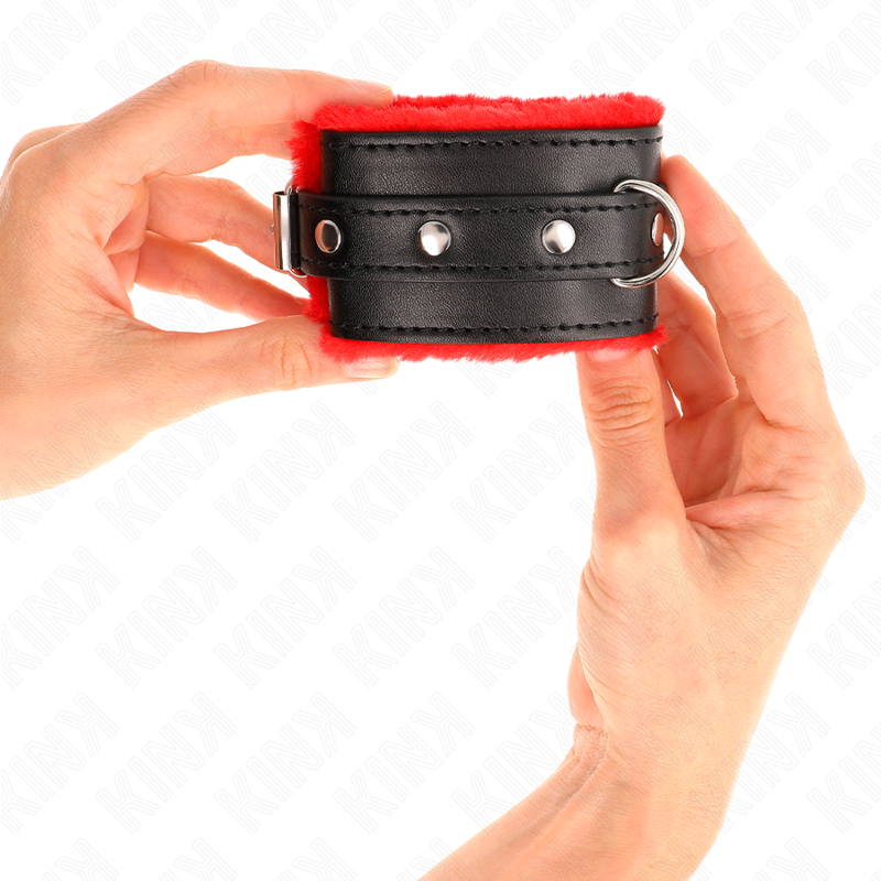 KINK - PREMIUM PELZGEFÜTTERTE HANDGELENKFESSELN ROT MIT SCHWARZEM GÜRTEL VERSTELLBAR 17-29 CM X 6 CM - Sexotim