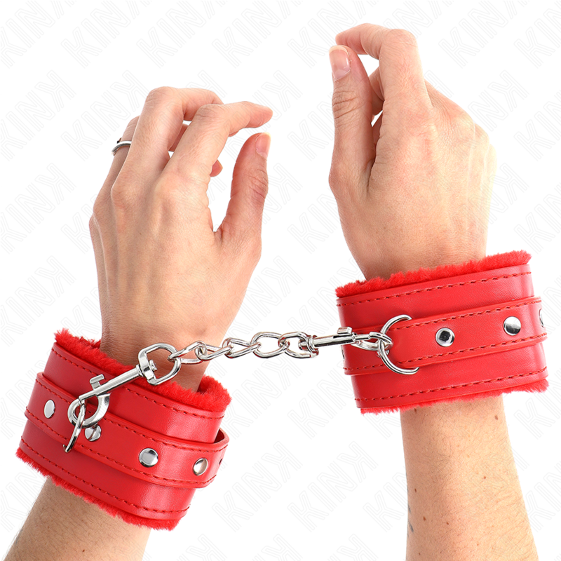 KINK - PREMIUM PELZGEFÜTTERTE HANDGELENKFESSELN ROT MIT ROTEM GÜRTEL VERSTELLBAR 17-29 CM X 6 CM - Sexotim