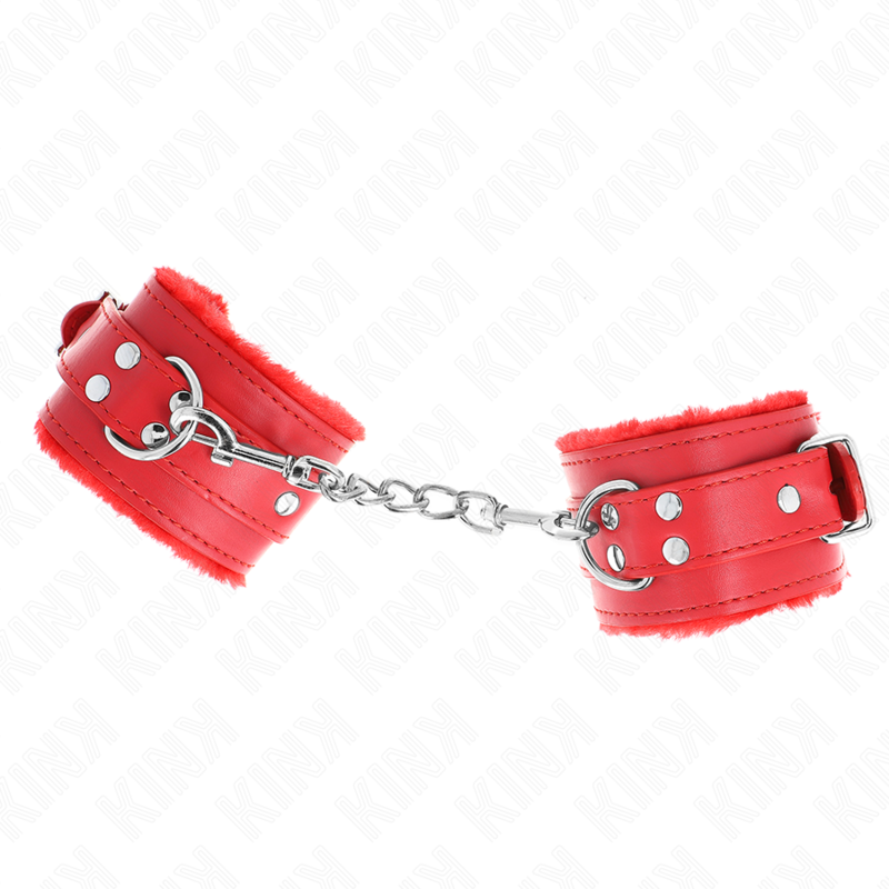 KINK - PELZGEFÜTTERTE HANDGELENKFESSELN ROT MIT ROTEM GÜRTEL VERSTELLBAR 17-29 CM X 6 CM - Sexotim