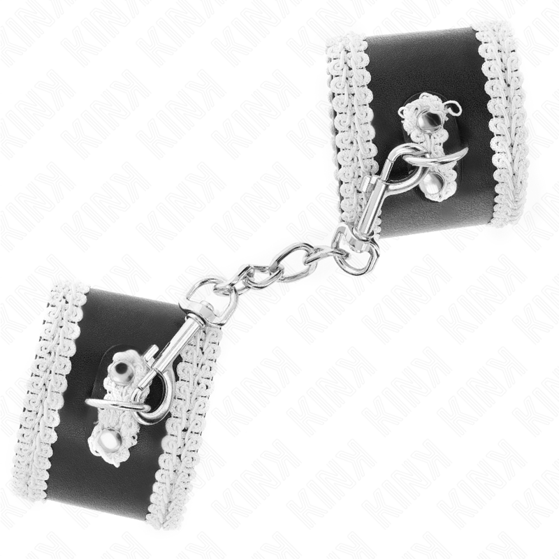 KINK - SCHWARZE HANDGELENKFESSELN MIT WEISSER DEKORIERTER SPITZE, VERSTELLBAR 20-23 CM X 5,5 CM - Sexotim