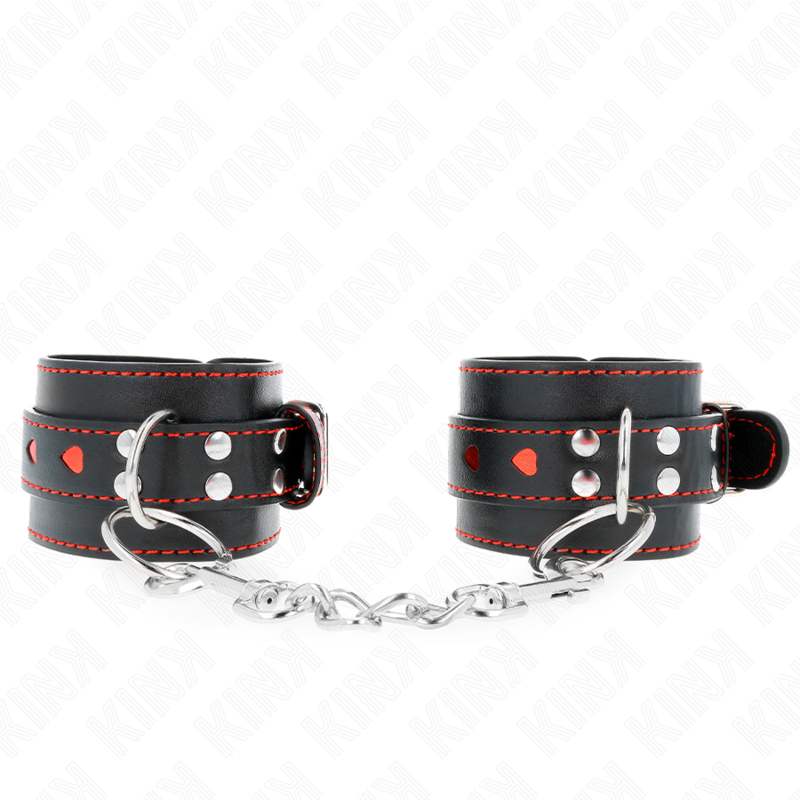 KINK - SCHWARZE HANDGELENKFESSELN MIT ROTER HERZEINLAGE, VERSTELLBAR 21-28 CM X 5,5 CM - Sexotim