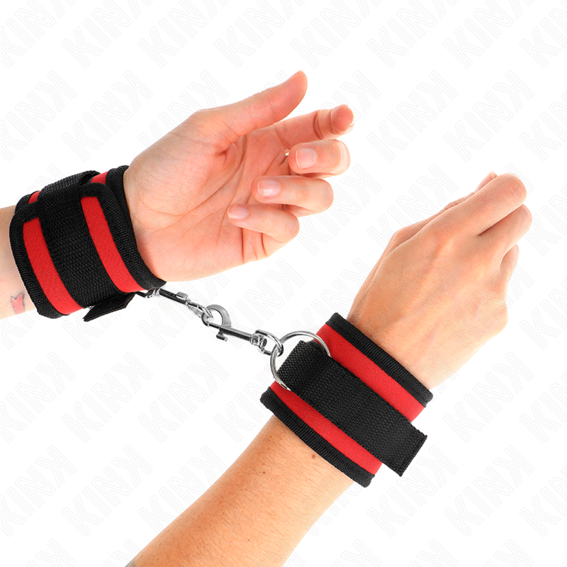 KINK - NYLON BIND-HANDHANDFESSELN MIT KLETTVERSCHLUSS ROT-SCHWARZ MODELL 2 VERSTELLBAR 18-35 CM X 6 CM - Sexotim