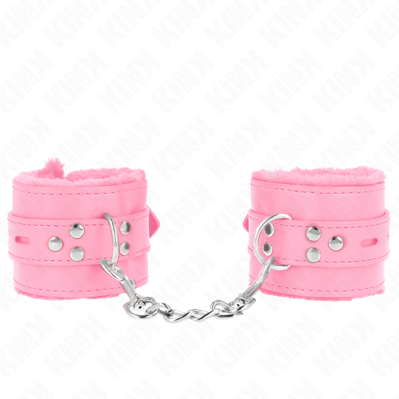 KINK - PELZGEFÜTTERTE HANDGELENKFESSELN MIT QUADRATISCHEN LÖCHERN, ROSA UND ROSA GÜRTEL, VERSTELLBAR 17-29 CM X 6 CM - Sexotim