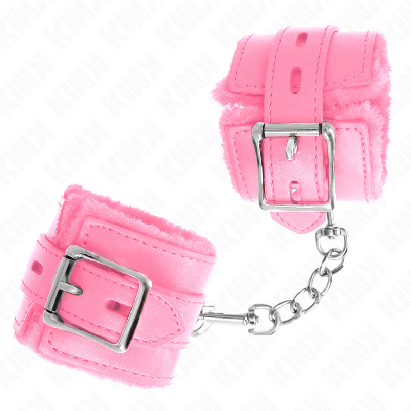 KINK - PELZGEFÜTTERTE HANDGELENKFESSELN MIT QUADRATISCHEN LÖCHERN, ROSA UND ROSA GÜRTEL, VERSTELLBAR 17-29 CM X 6 CM - Sexotim
