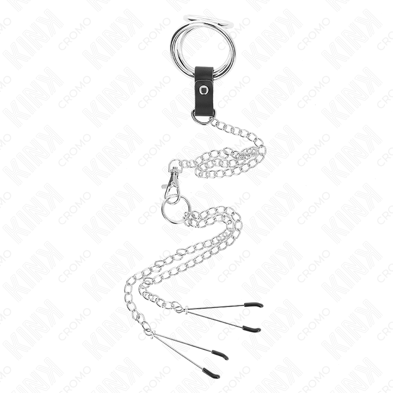 KINK - DREIFACH CHROM METALL PENISRING 3 CM BIS 4,5 CM MIT 26 CM METALLKETTE UND BRUSTKLAMMERN - Sexotim