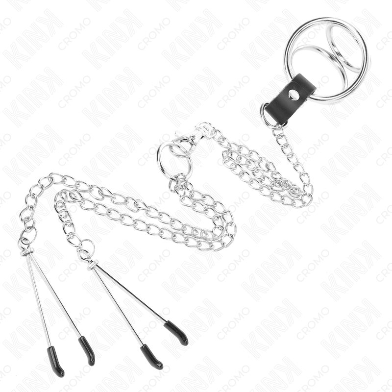 KINK - DREIFACH CHROM METALL PENISRING 3 CM BIS 4,5 CM MIT 26 CM METALLKETTE UND BRUSTKLAMMERN - Sexotim