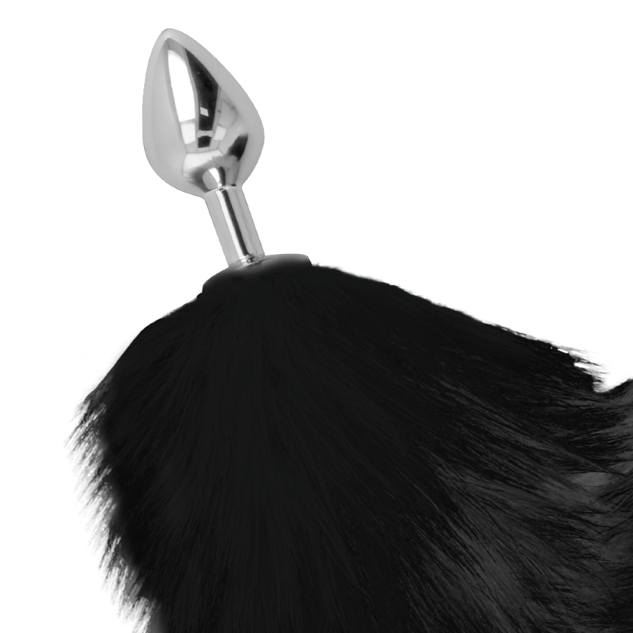 DARKNESS - SILBERNER ANALPLUG MIT SCHWARZEM PELZSCHWANZ 8 CM - Sexotim