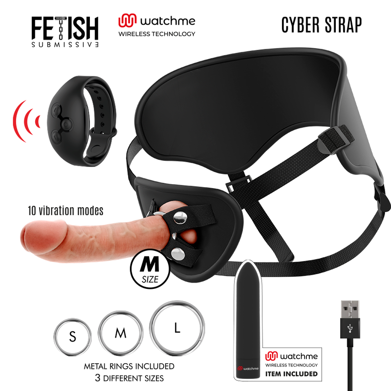 FETISH SUBMISSIVE CYBER STRAP - HARNESS MIT DILDO- UND BULLET-FERNBEDIENUNGS-WATCHME-M-TECHNOLOGIE - Sexotim