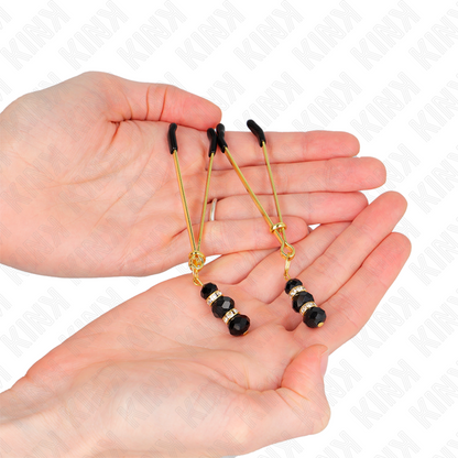 KINK - GOLDENE DÜNNE NIPPELKLEMMEN MIT 3 SCHWARZEN GLASPERLEN 7 CM - Sexotim