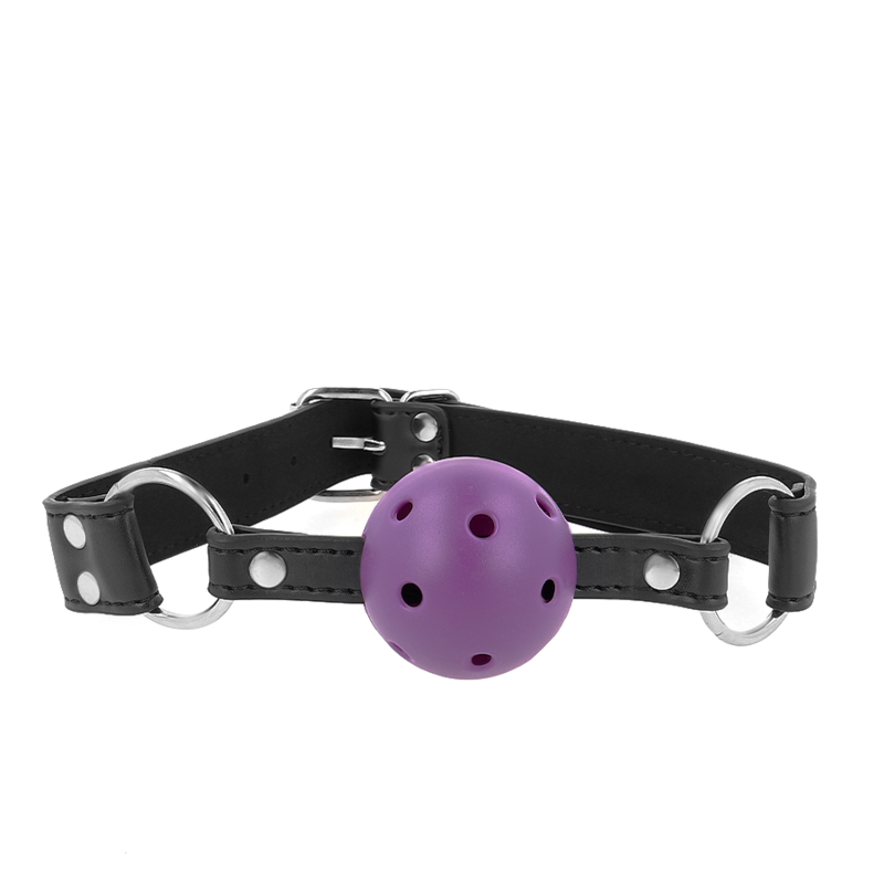 KINK - ATMUNGSAKTIVER BALL 4 CM KNEBEL MIT DOPPELNIET, LILA 62,5 x 2,5 CM VERSTELLBAR 42-58 CM