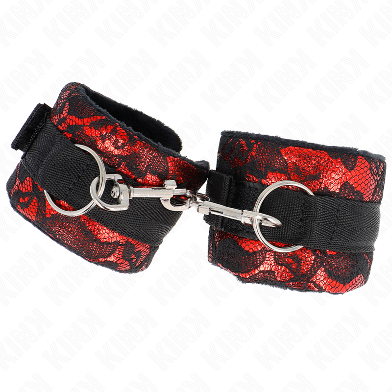 KINK - KURZE HANDGELENKSFESSELN AUS SAMTSPITZE UND NYLONFESSEL ROT/SCHWARZ 23 X 6,5 CM