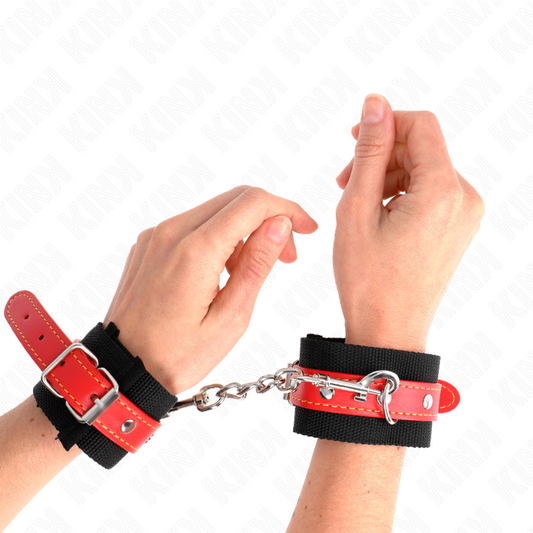 KINK - NYLON HANDGELENKFESSELN SCHWARZ MIT KUNSTLEDER ROT VERSTELLBAR 19-24 CM X 5,5 CM - Sexotim