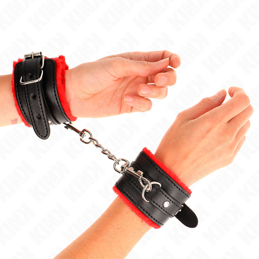 KINK - PREMIUM PELZGEFÜTTERTE HANDGELENKFESSELN ROT MIT SCHWARZEM GÜRTEL VERSTELLBAR 17-29 CM X 6 CM - Sexotim