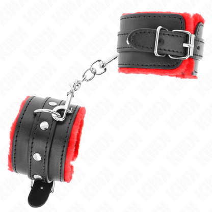 KINK - PREMIUM PELZGEFÜTTERTE HANDGELENKFESSELN ROT MIT SCHWARZEM GÜRTEL VERSTELLBAR 17-29 CM X 6 CM - Sexotim