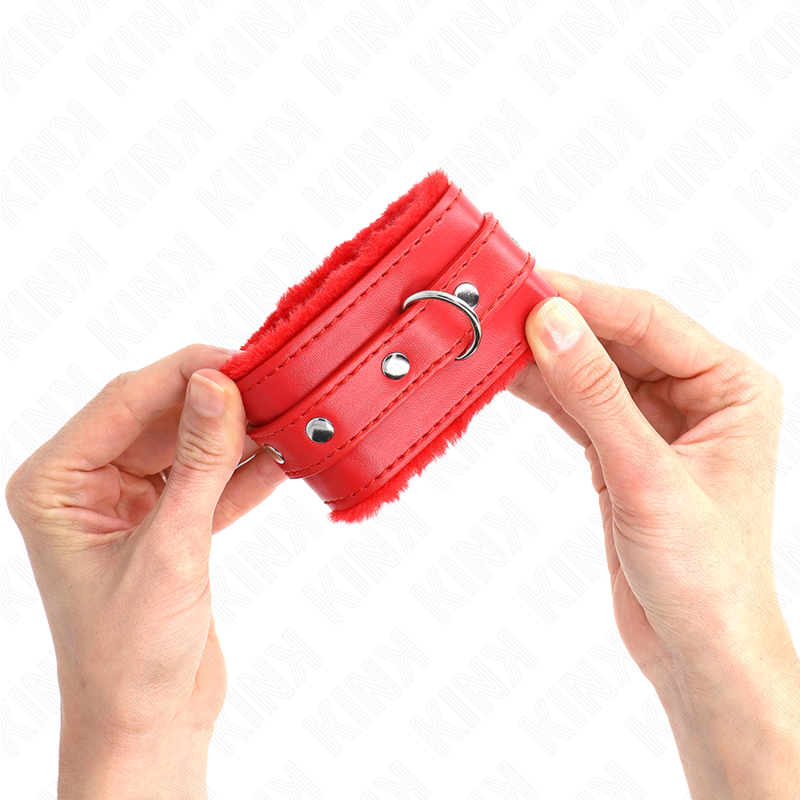 KINK - PREMIUM PELZGEFÜTTERTE HANDGELENKFESSELN ROT MIT ROTEM GÜRTEL VERSTELLBAR 17-29 CM X 6 CM - Sexotim