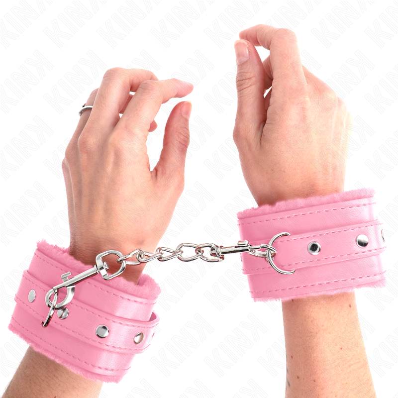 KINK - PREMIUM PELZGEFÜTTERTE HANDGELENKFESSELN ROSA MIT ROSA GÜRTEL VERSTELLBAR 17-29 CM X 6 CM - Sexotim