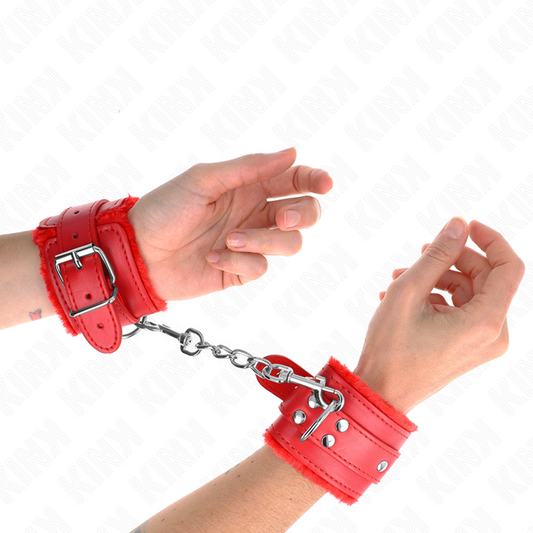 KINK - PELZGEFÜTTERTE HANDGELENKFESSELN ROT MIT ROTEM GÜRTEL VERSTELLBAR 17-29 CM X 6 CM - Sexotim