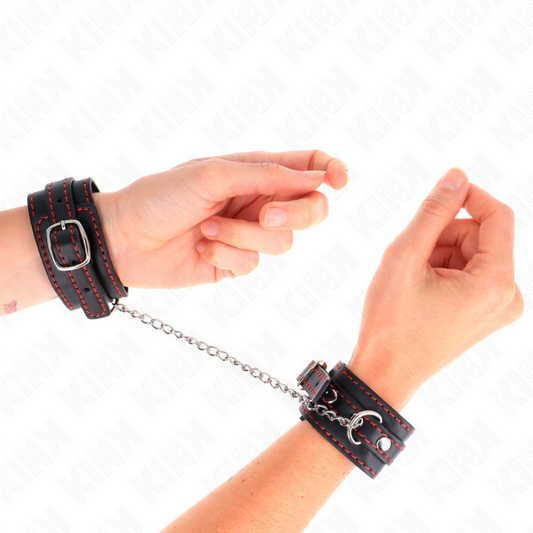 KINK - KLEINE HANDGELENKSFESSELN SCHWARZ MIT ROTEM FUTTER VERSTELLBAR 14-24 CM X 3,5 CM - Sexotim