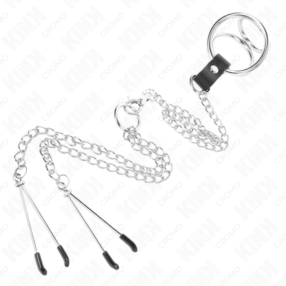 KINK - DREIFACH CHROM METALL PENISRING 3 CM BIS 4,5 CM MIT 26 CM METALLKETTE UND BRUSTKLAMMERN - Sexotim