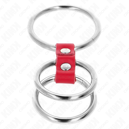 KINK - DREIFACH METALL PENISRING 3,7 CM BIS 5 CM VERBUNDEN MIT ROTEM LEDER - Sexotim