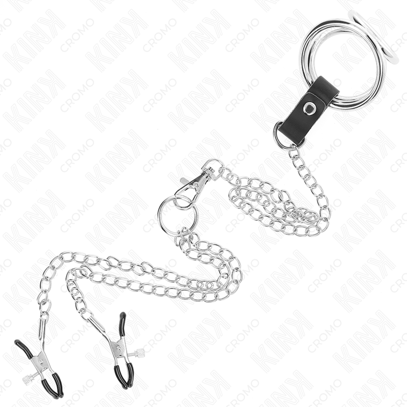 KINK - DREIFACH CHROM METALL PENISRING 3,8 CM BIS 5 CM MIT 26 CM METALLKETTE UND NIPPELKLEMMEN MODELL 1 - Sexotim