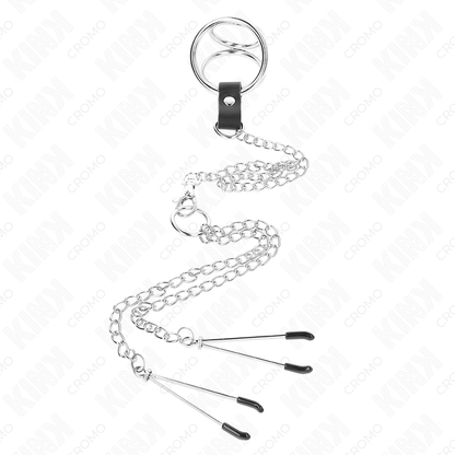 KINK - DREIFACH CHROM METALL PENISRING 3,8 CM BIS 5 CM MIT 26 CM METALLKETTE UND NIPPELKLEMMEN MODELL 2 - Sexotim