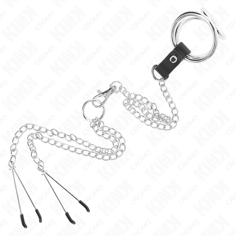 KINK - DREIFACH CHROM METALL PENISRING 3,8 CM BIS 5 CM MIT 26 CM METALLKETTE UND NIPPELKLEMMEN MODELL 2 - Sexotim