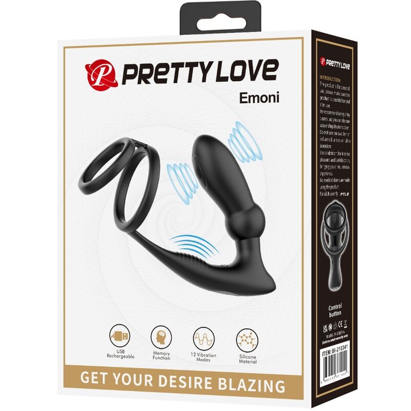 PRETTY LOVE - EMONI PENISRING + ANAL PLUG 12 VIBRATIONEN SCHWARZ - Sexotim