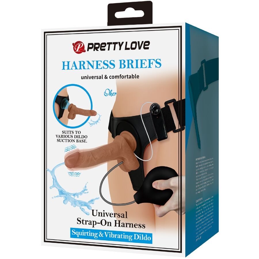 PRETTY LOVE - UNIVERSAL HARNESS SLIP MIT VIBRIERENDEM UND SQUIRTING-DILDO 15,5 CM MULATO - Sexotim
