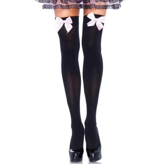 LEG AVENUE - SCHWARZE NYLON-OBERTEILHÖCHSE MIT ROSA SCHLEIFE, EINE GRÖSSE - Sexotim